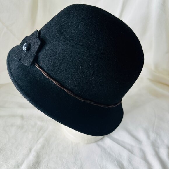 Memar Italy Black Wool Cloche Hat Flower Gray Cabochon Stone Brown Twisted Band - Picture 3 of 10